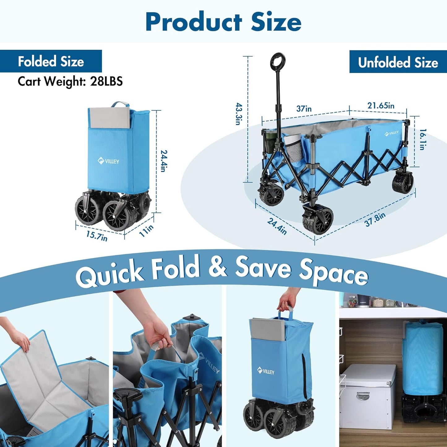 VILLEY Extended Collapsible Foldable Wagon with 330LBS Weight Capacity, 220L Heavy Duty Folding Utility Garden Cart with Big All-Terrain Beach Wheels with Brake & Drink Holders, Blue