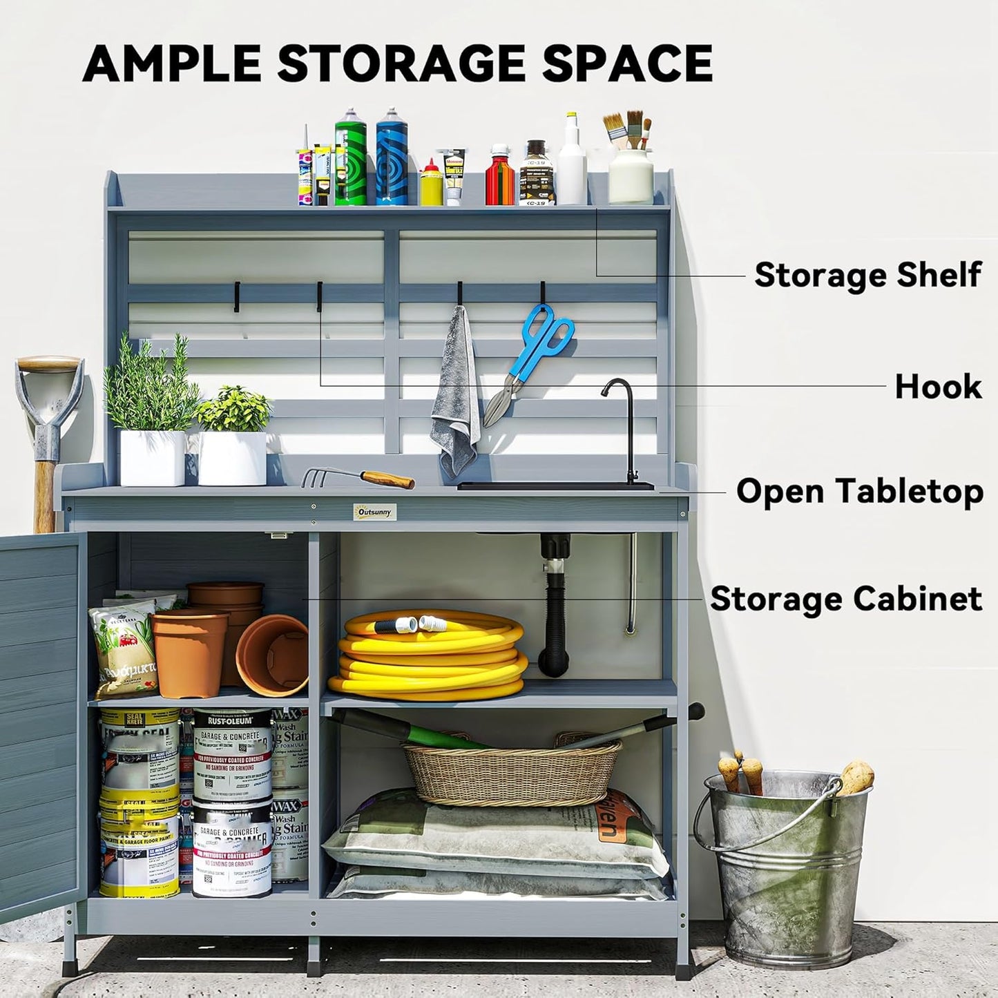 Outsunny Outdoor Wooden Potting Bench Table with Sink and Water Tap, Garden Workstation with Storage Cabinet, Storage Shelves for Backyard, Patio, Balcony, Gray