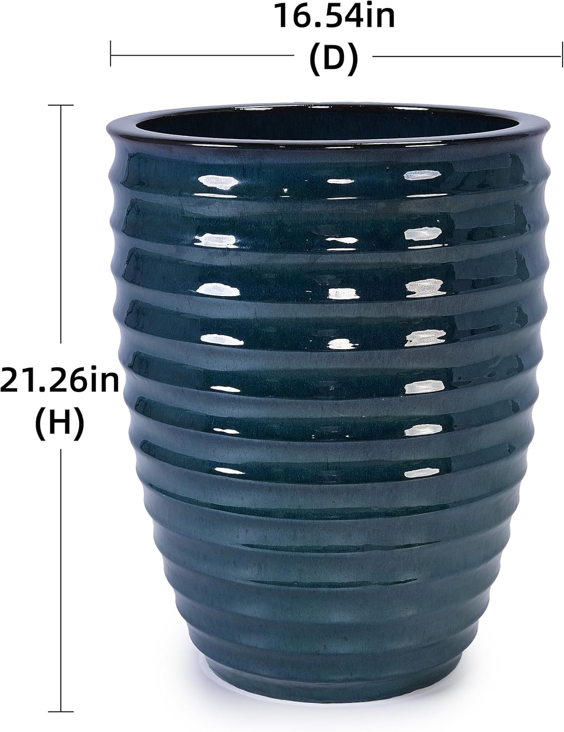Large Ceramic Planter Pot 21 Inch, Tall Plante Pots Decorative Flower Pot with Ribbed Textured Pattern and Drainage for Indoor Outdoor Plants (Dark Green)