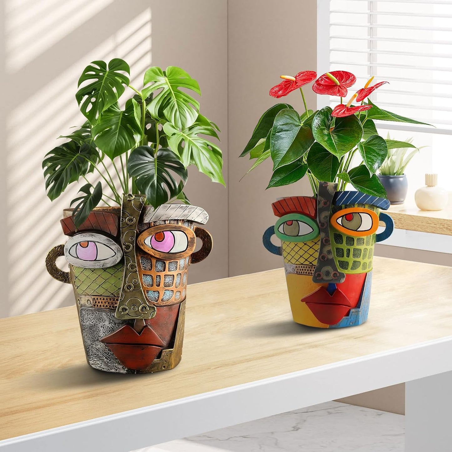 Brutalist Abstract Face Planters Pots Head, Unique Abstract Flower Pot, Funny Planters Decoration Flower Resin Face Flower Pot for Indoor and Outdoor Plants Colorful Funny Room Decor (Retro)