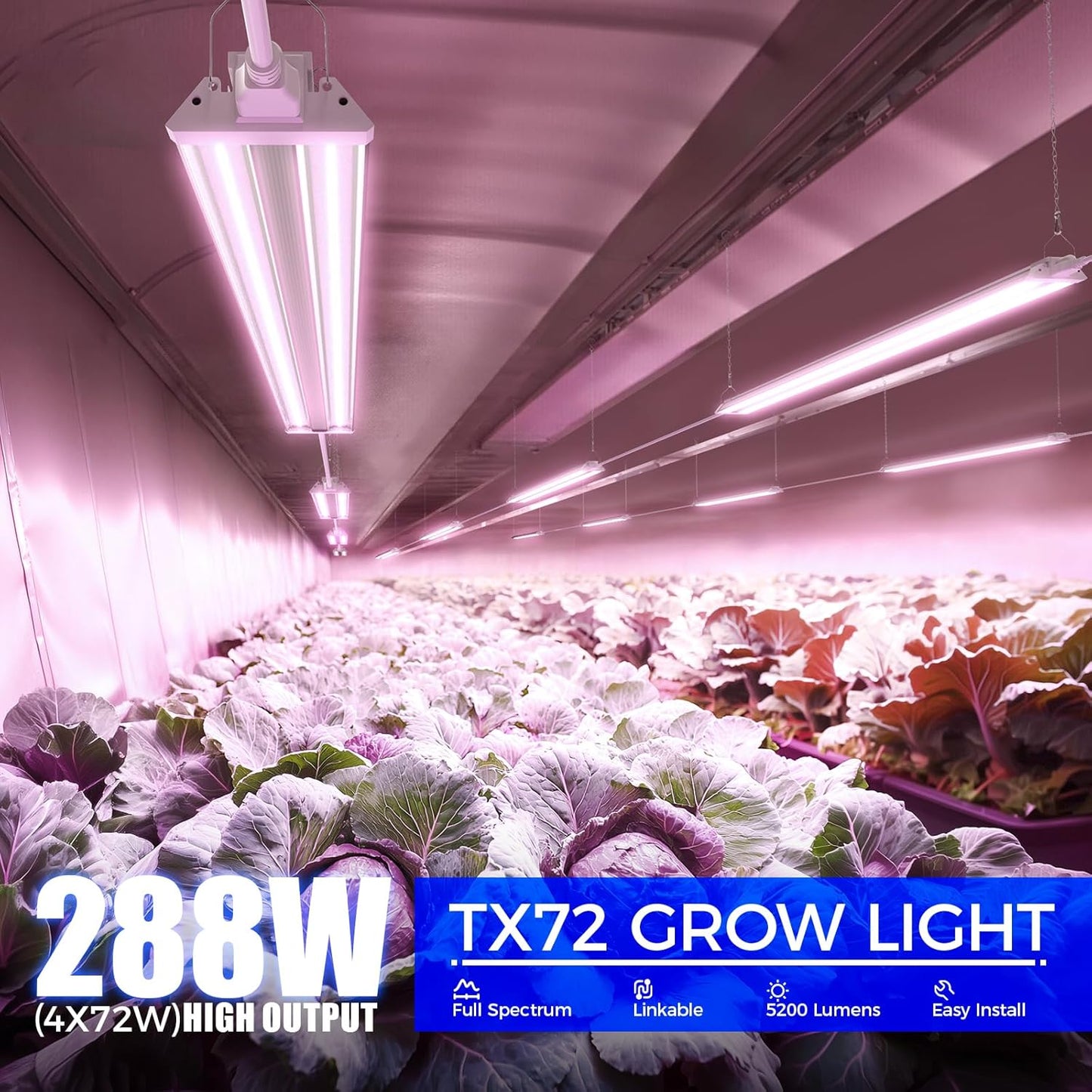 Barrina TX72 4FT Grow Lights for Seed Starting, 288W(4 x 72W, 2000W Equivalent), Full Spectrum, Linkable, High PPFD, Mechanical Timer, Grow Lights for Indoor Plants with On/Off Switch, 4 Packs
