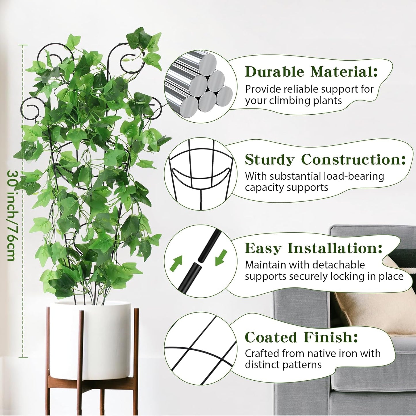 ZOUTOG Trellis for Climbing Plants Indoor 4 Pack 30 Inch,Rustproof Metal Garden Trellis for Potted Plants,Sturdy Houseplant Support Indoor Outdoor for Ivy Pothos Monstera Hoya Flower Vine (Black Moon)