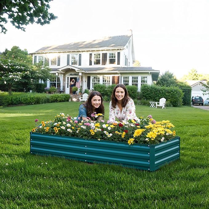 Raised Garden Bed Green, 8x4x1FT Garden box Outdoor for Gardening Vegetables Flower, Garden Raised Planter Box Large, Metal Raised Bed