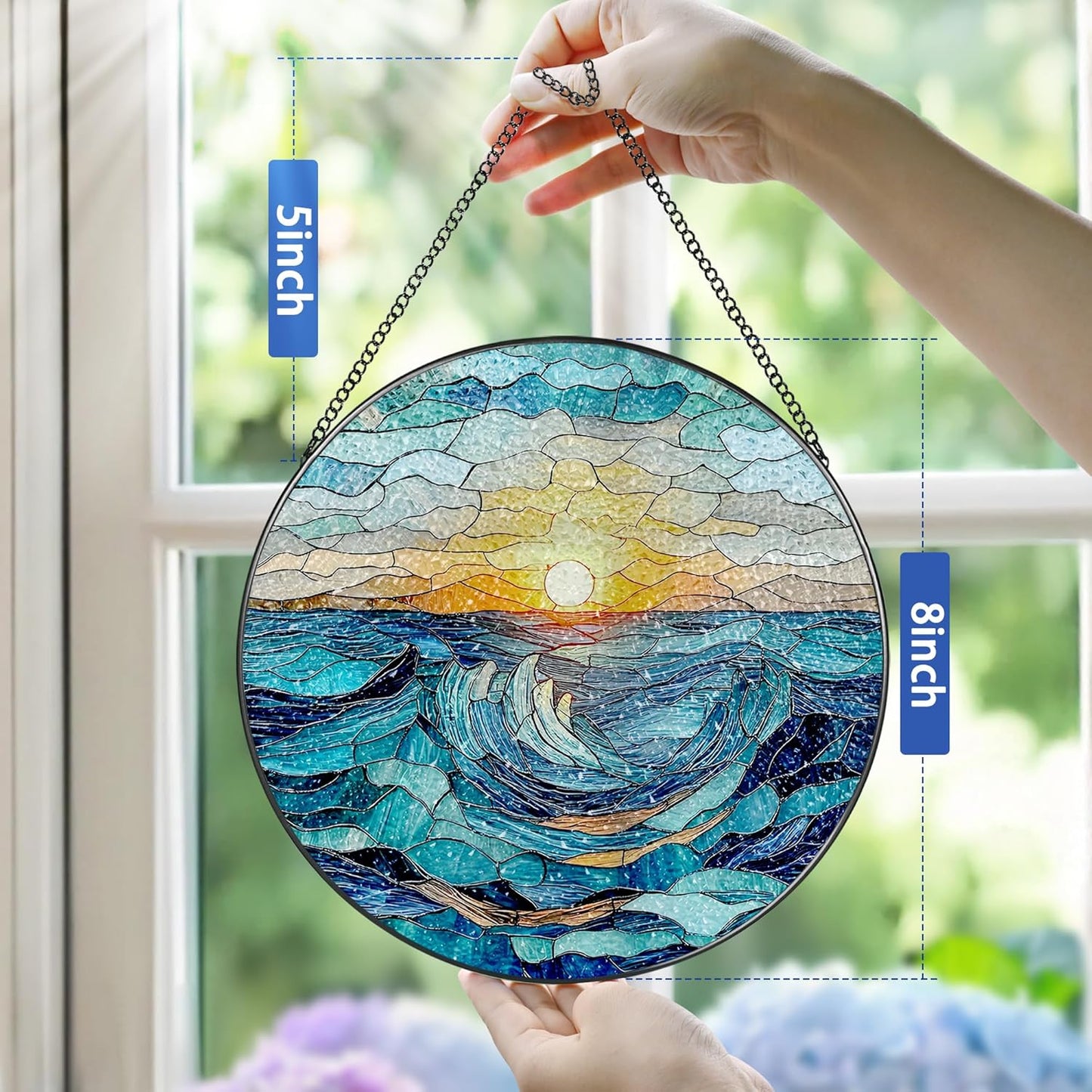 Stained Glass Window Hanging, Pauyadu 8 Inch Beach Stained Glass Suncatcher, Window Decoration Hanging, Sunrise Lover Gift, Natural Gift, Beach Home Decor, Gifts for Family, Friends, Colleagues