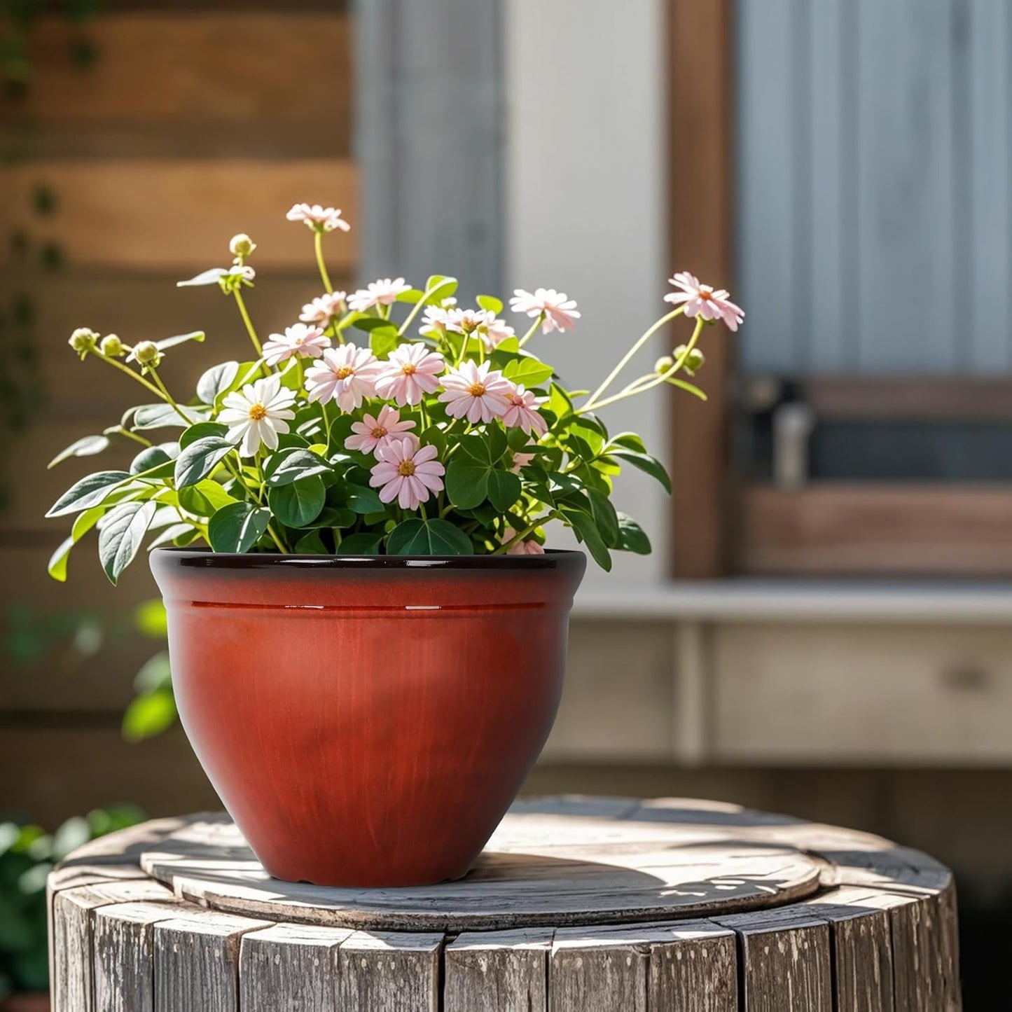 Worth Garden 8-Inch Dia. Round Red Plastic Planters with Drain Holes, 5.9-Inch Height - 2-Pack Glossy Finish Bell-Shaped Plant Pot – Lightweight Indoor/Outdoor Flower Pots