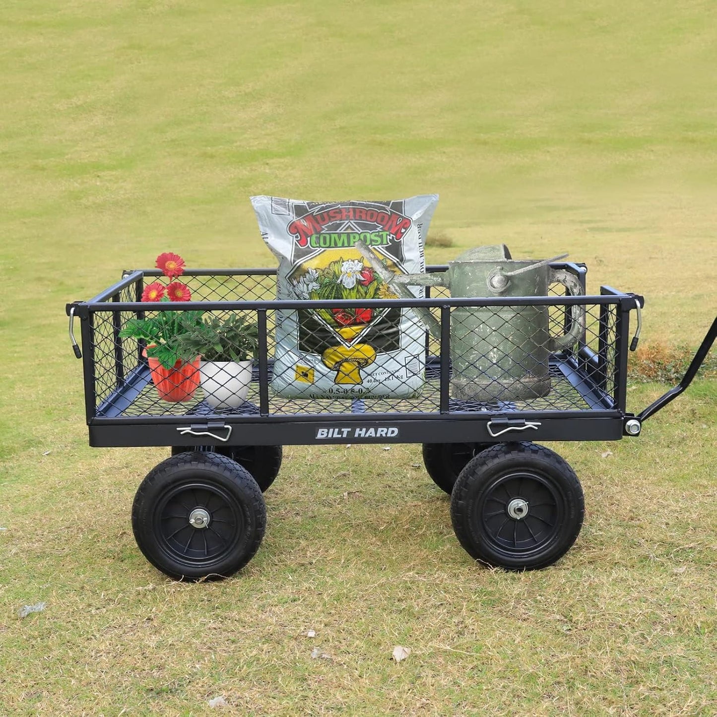 BILT HARD 10" Flat Free Tires Heavy Duty Garden Cart with 180° Rotating Handle and Removable Sides, 4 Cu.Ft 880 lbs Capacity Utility Steel Wagons for Outdoor, Yard