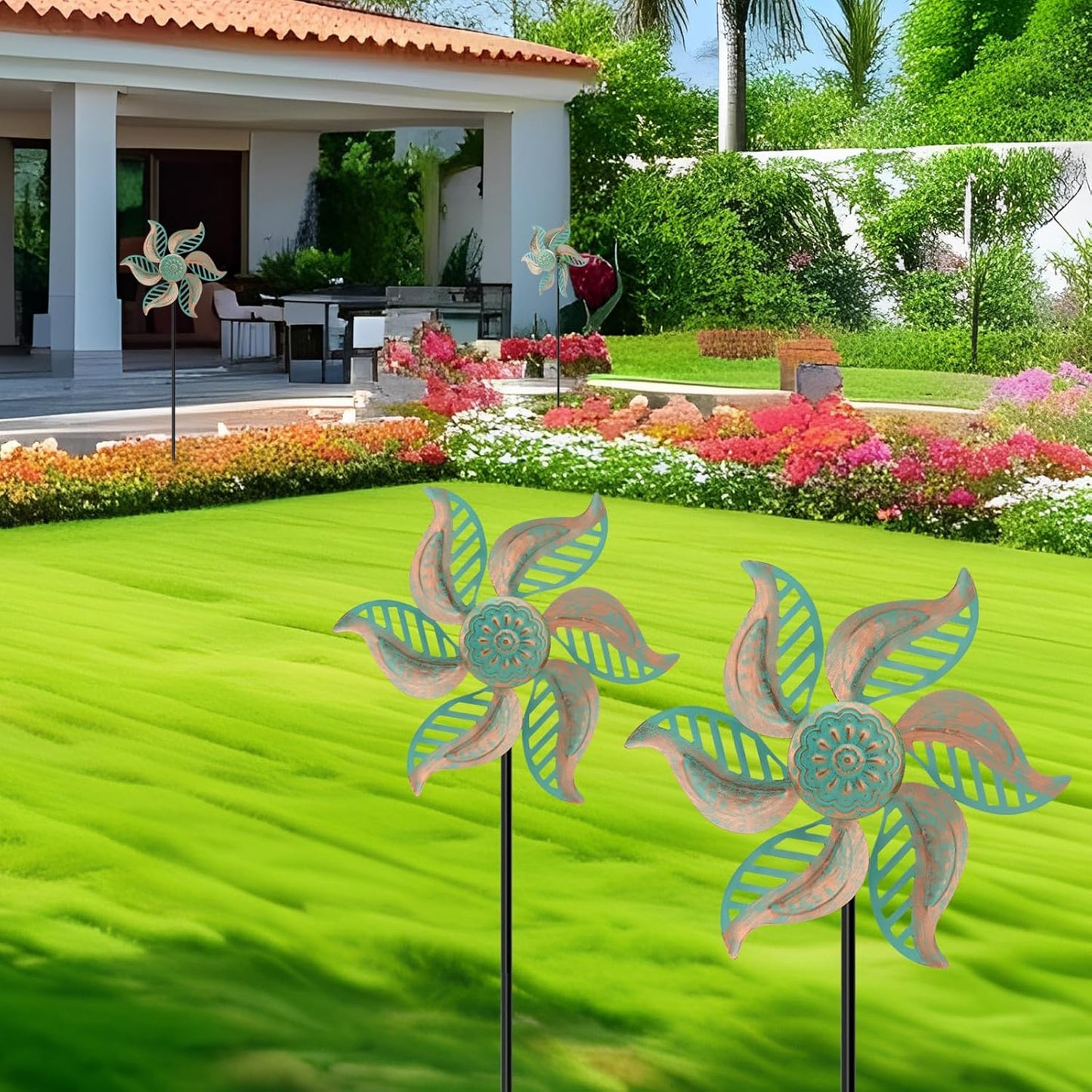 2 Pack Wind Spinner Outdoor Metal Vintage Green,Garden Pinwheels Waterproof Wind Sculptures, Small Windmills for Yard Lawn Outdoor Patio Lawn Garden Decor