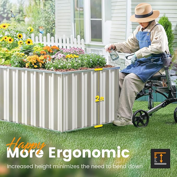 KING BIRD Galvanized Raised Garden Bed with 2 Installation Methods for DIY, 101" x 36" x 24" Heightened Planter Kit Box Outdoor for Deep-Rooted Vegetables, Flowers, Ivory