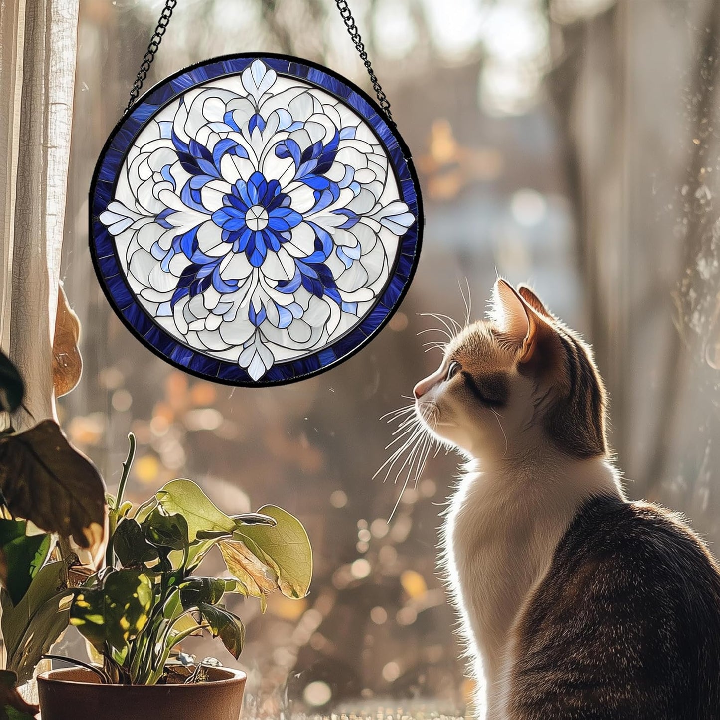 Stained Glass Window Hanging - Blue White Boho Flower Suncatcher for Door Garden Yard Sun Catchers Decor Christmas Mother's Day Birthday Gifts for Women Mom Nana Friend Teacher 9.8 in