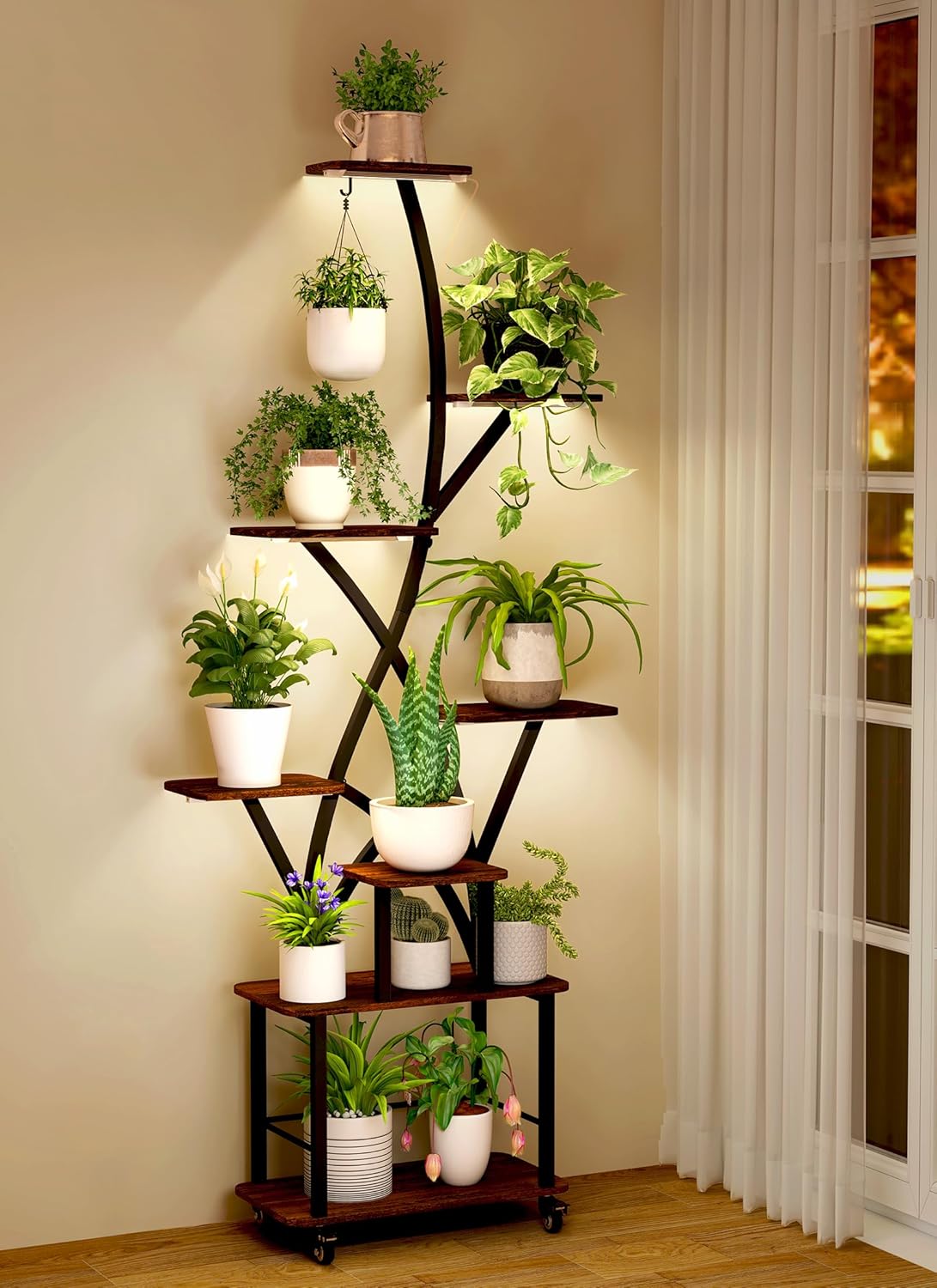 Plant Stand Indoor with Grow Lights 64" Tall Plant Shelf with Wheel Lighted Corner Plant Stands for Indoor Growing Multiple Metal 8 Tiered Large Flower Holder Plant Rack for Home Patio Balcony