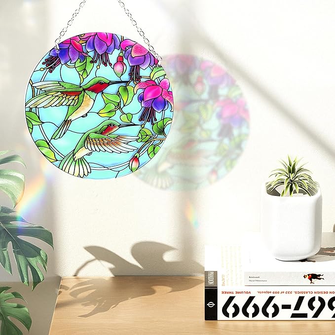 Hummingbird Suncatcher Stained Glass - Hummingbird Gifts for Women, Birds Suncatchers for Windows - Birds Window Hangings with Chain and Hook, 6 inch Stained Glass Suncatcher for Mom