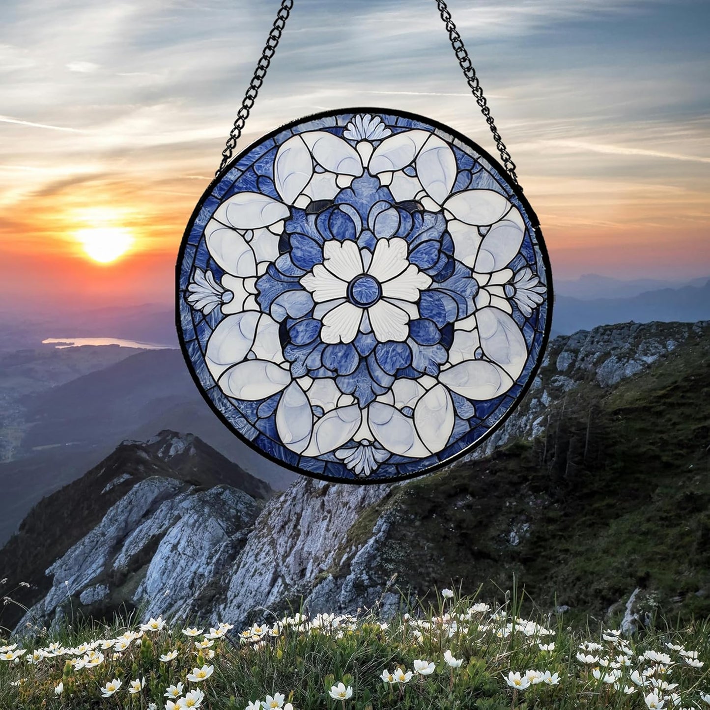 Stained Glass Window Hanging - Blue White Floral Pattern Suncatcher for Doors Garden Retro Sun Catchers Decor Christmas Mother's Day Birthday Gifts for Women Men Mom Nana Friend Girl 15 in