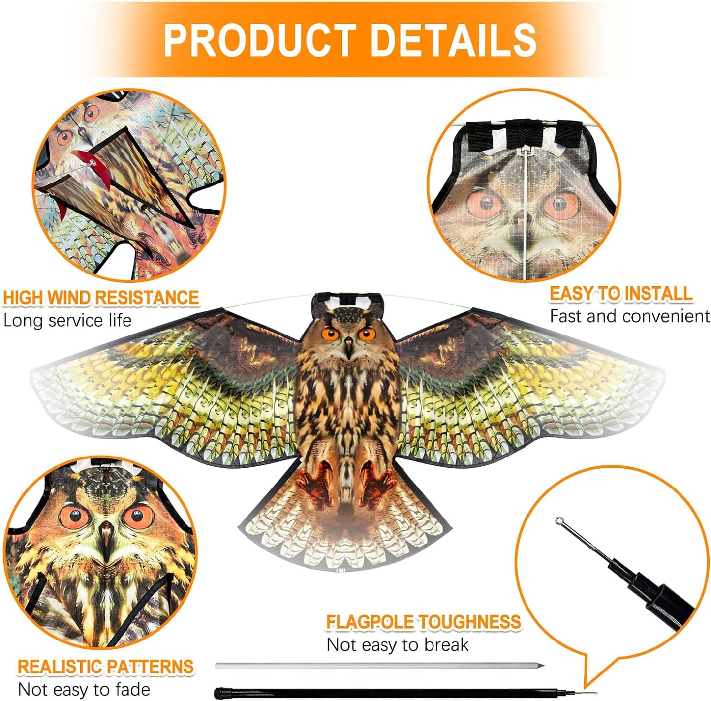 Bird Hawk Flying Kite with Pole Crop Protector Bird Scare Kites with 4m Pole - Owl Kite