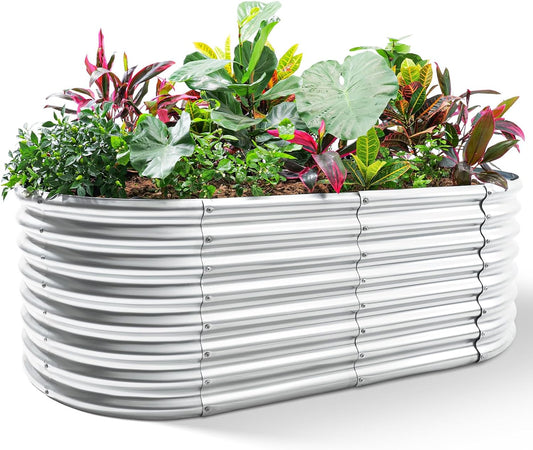 Land Guard Galvanized Raised Garden Bed, 8x4x2ft Planter Boxes Outdoor, Oval Larger Metal Planter Boxes for Vegetables, Fruits, Flowers (Silver)