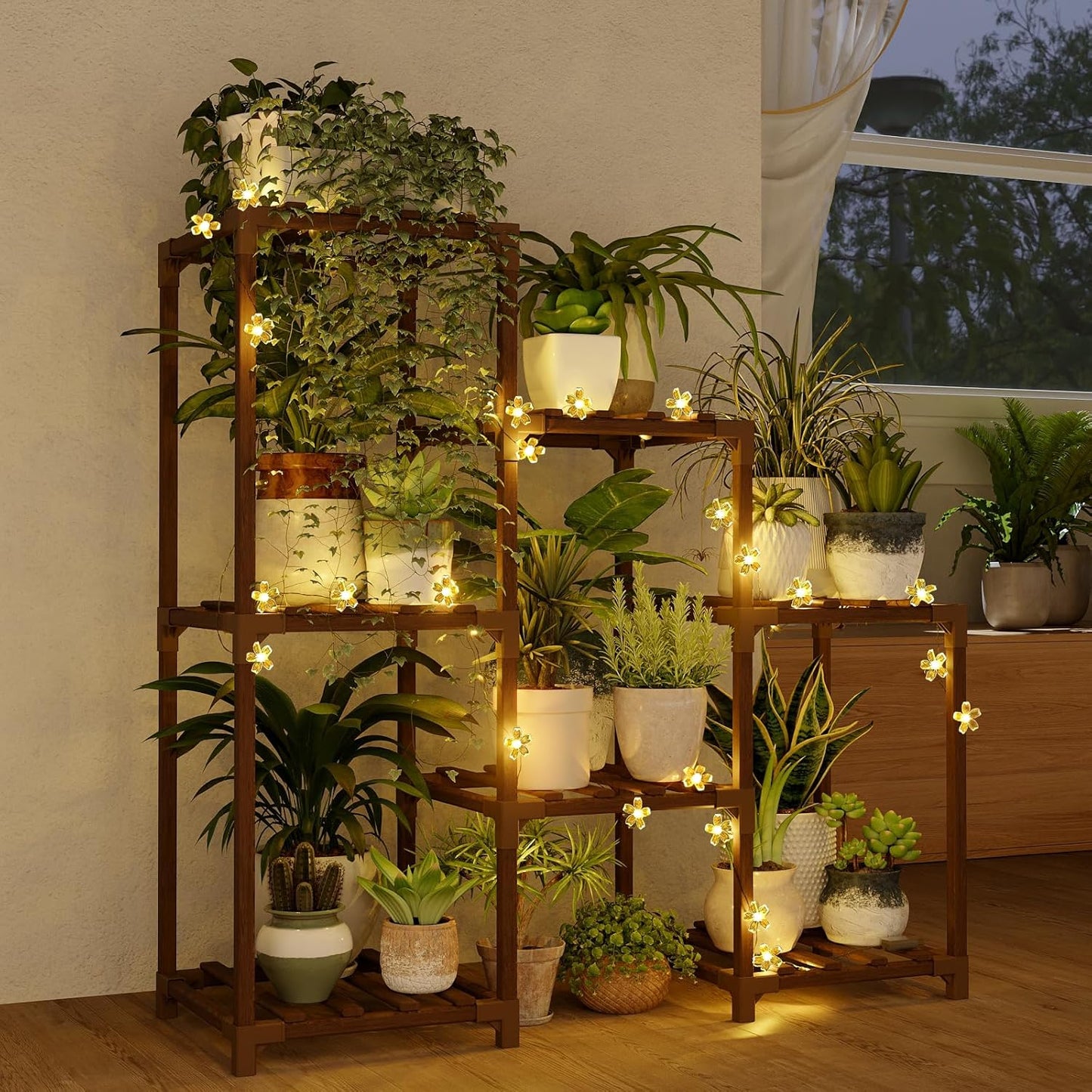 Bamworld Plant Stand Indoor with Flower Fairy Lights Battery Plant Shelf Wood Plant Rack for Multiple Plants 3 Tiers Ladder Plant Holder for 7 Pots for Living Room Home Decor for Gardening Gifts