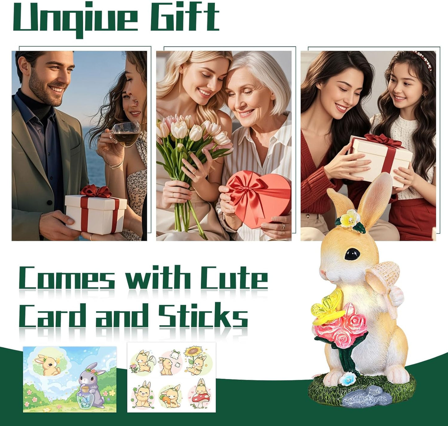 Garden Statues Rabbit with Solar Light,Bunny Outdoor Garden Decor Ornaments for Patio Yard Art,Birthday Easter House Warming Garden Gift for Women Mom,Resin Animal Figurine with Wider Base