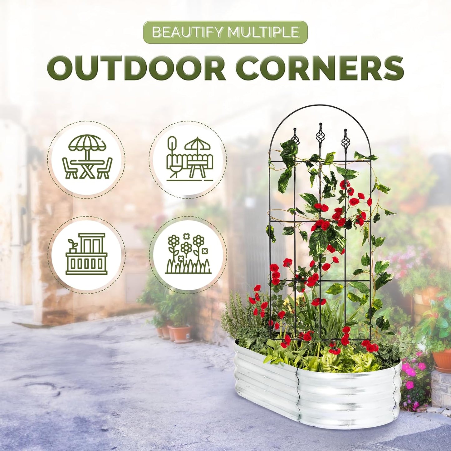 Idzo Decorative Metal Trellis for Climbing Plants Outdoor, Anti-Corrosion Powder Coated Garden Trellis, Sturdy Long Spikes, 48 Inch