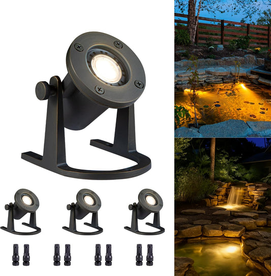 Brass Pond Light 12V - Low Voltage Underwater LED Fountain Lights, IP68 Waterproof Submersible Waterfall Lamp Wired, Outdoor Bronze for Swimming Pool Ponds MR16 Bulb Not Included(4 Pack)
