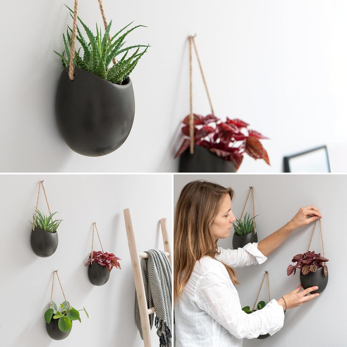 Kazai. Wall Planters -Ellie- | Hanging Ceramic Plant Pots 3 Pieces | Wall Decoration for Indoors, Balcony and Garden | Graphite (Matte)