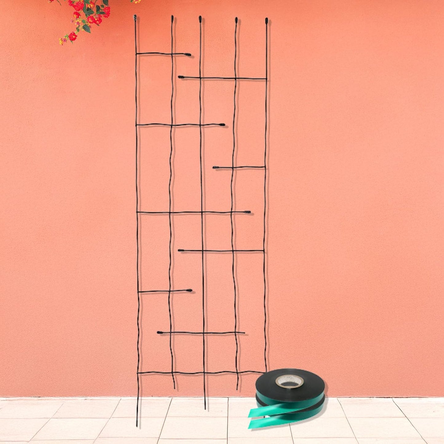 Panacea Forged Twig & Leaf Trellis with Stretch Tie Wrap Kit | Decorative Black Metal Trellis for Climbing Plants | Includes 2 Rolls Green Stretch Tape | Durable Garden Plant Support & Outdoor Décor