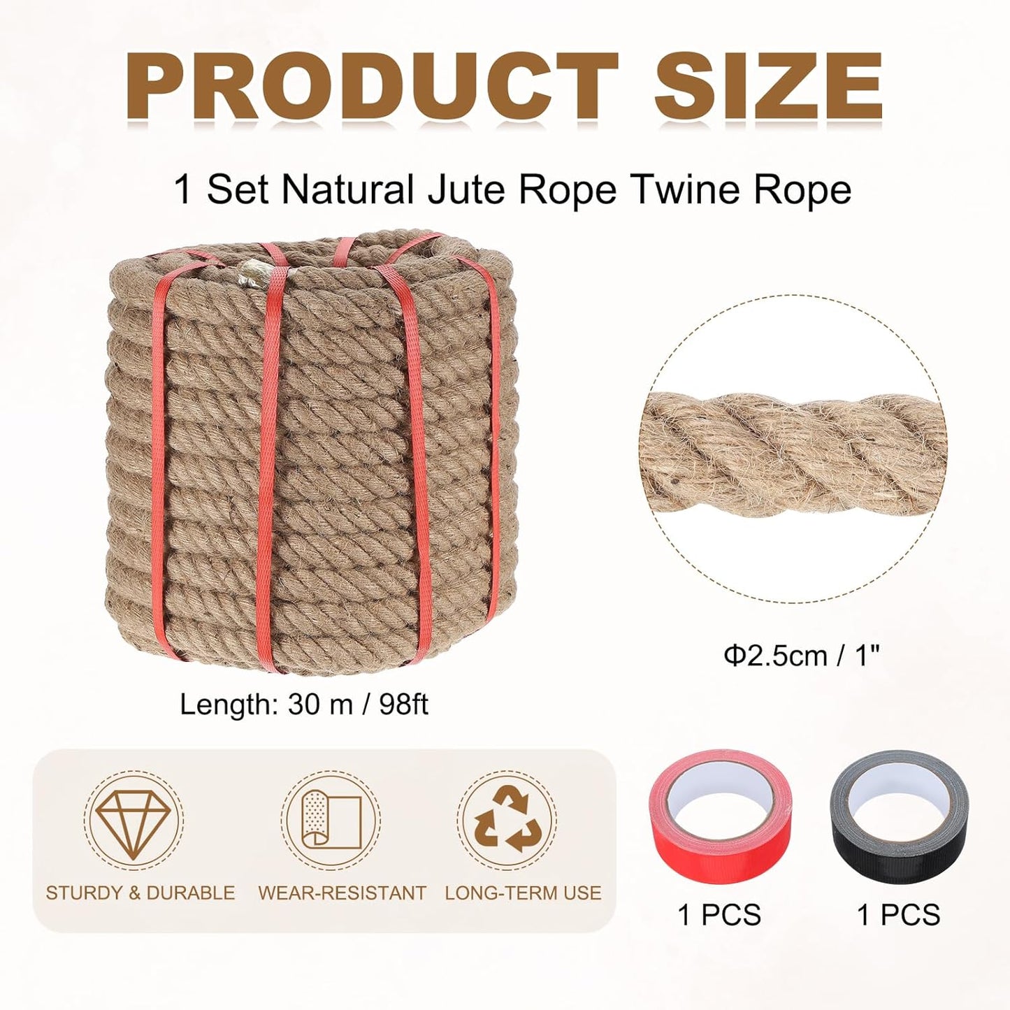 MECCANIXITY Jute Rope 1 Inch x 98ft, Thick Twine Rope Ropes Braided Jute Twine Natural Brown Burlap Cord String Heavy Twisted with Tapes for Decorative Crafts Railing Swing Tug of War