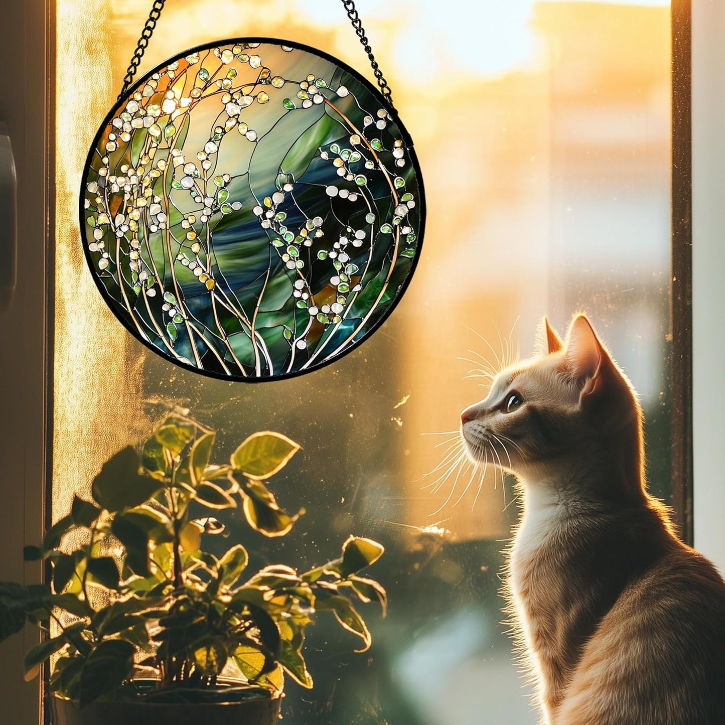 Stained Glass Suncatcher, Yellow Green Gradient Flower Sun Catcher Plants Stain Glass Window Hanging Decoration Mother's Day Birthday Gifts for Women Men Mom and Nana 9.8 in