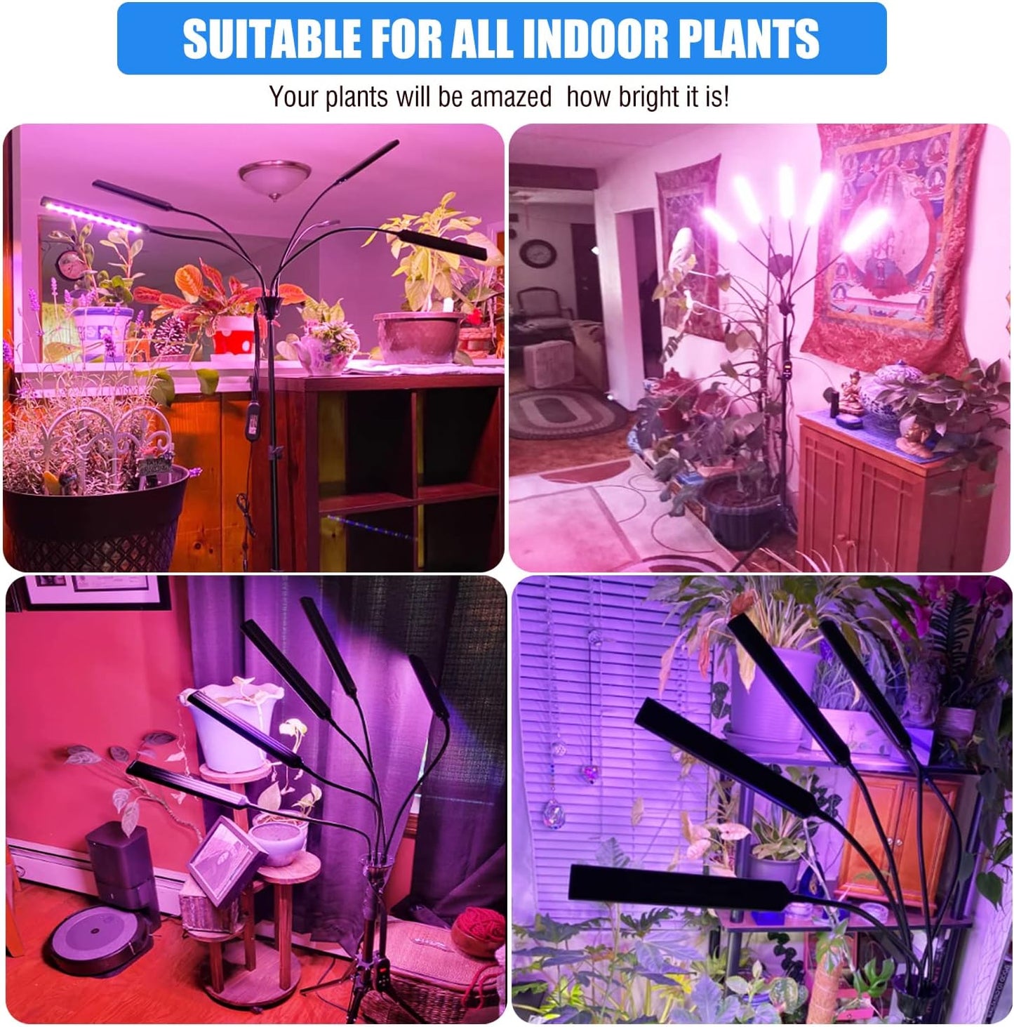 Grow Lights for Indoor Plants 4 Heads, Full Spectrum Plant Lights for Indoor Growing with Tripod Stand, Auto On/Off Timing 3/6/9/12/15/18H, LED Grow Lights for Indoor Plants. (4 Wide Heads)