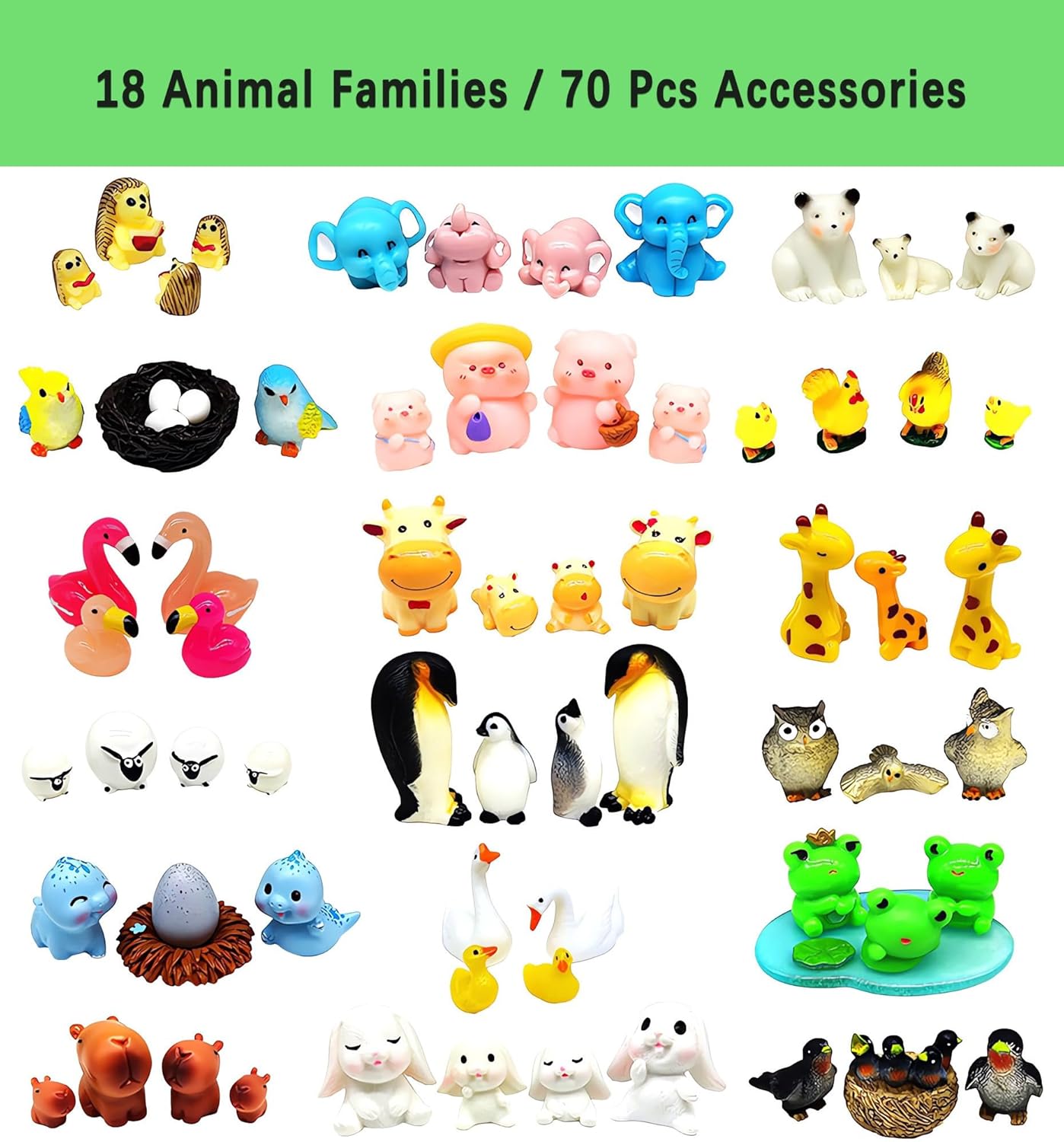 18 Mini Resin Animals Family Figures, 70 Pcs Tiny Plastic Animals Small Little Figurines to Hide Miniature Fairy Garden Accessories