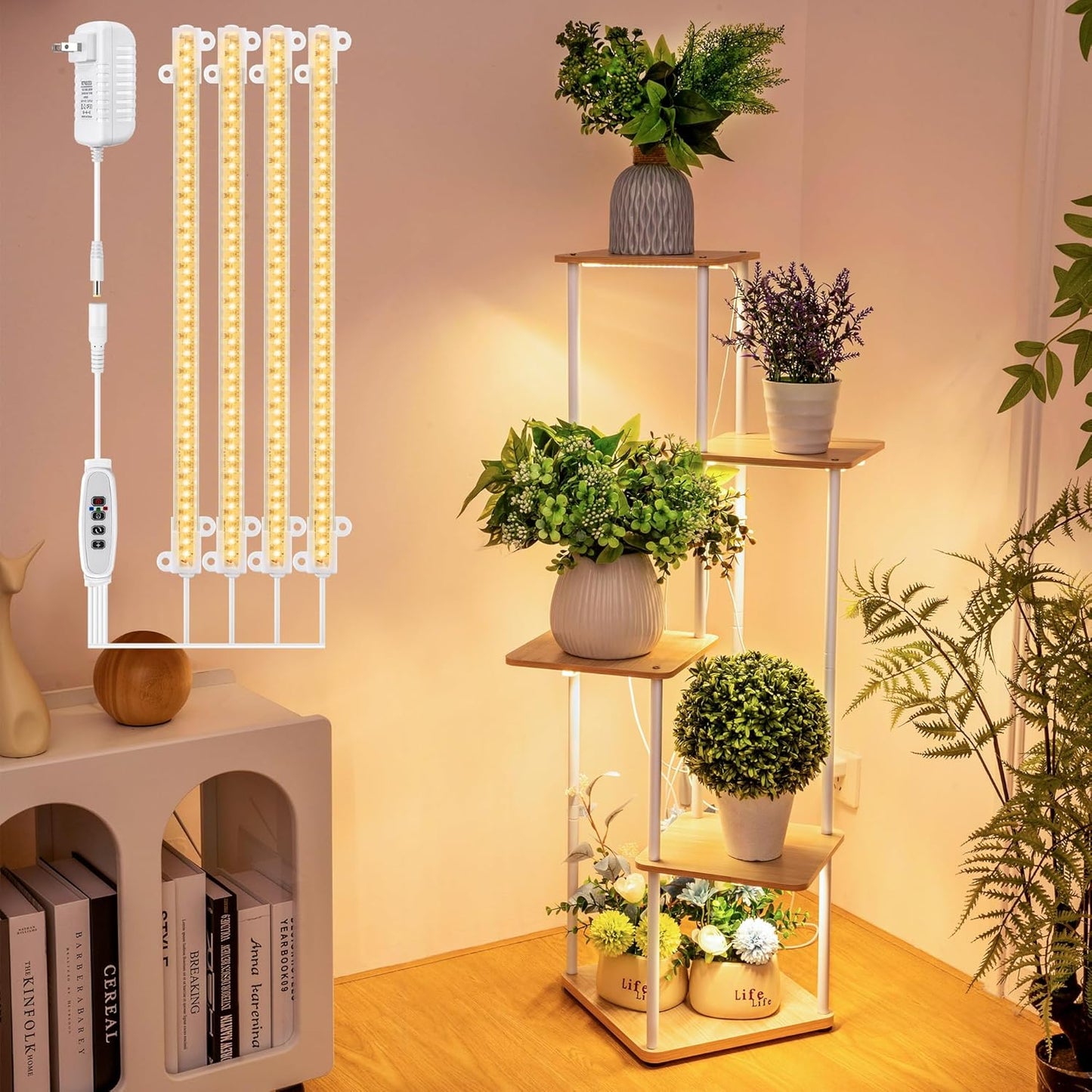 Dreyoo Plant Stand with Grow Light Indoor, 5 Tier 5 Potted Sturdy Metal Plant Shelf, Multiple Holder Tall Ladder for Display Flower Corner Living Room Office(White, Wood Color)