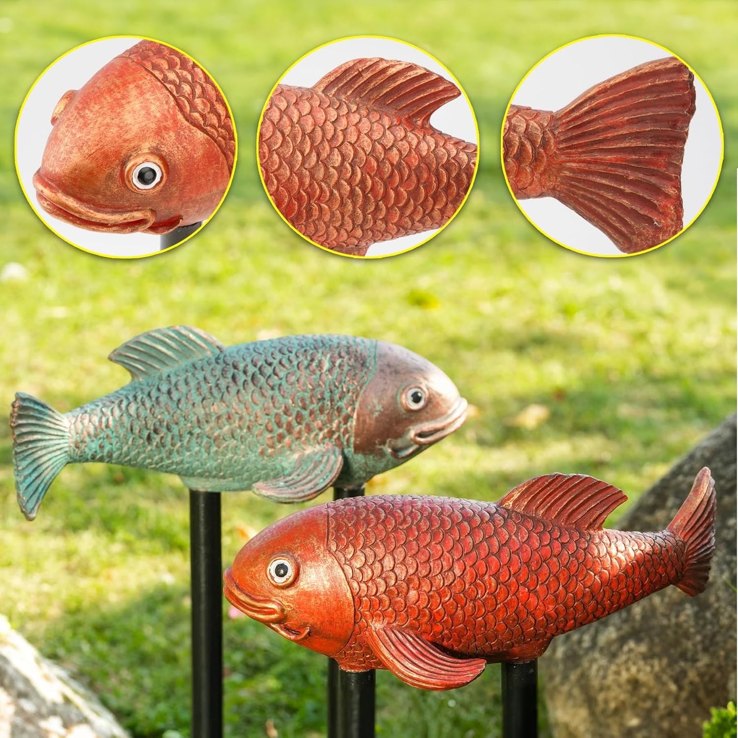 Koi Fish Decor, Set of 2 Antique Koi Garden Statues Art, Pond Accessories, Yard Pond Decor, Large Outdoor Garden Statues Ornaments, Real Fish Sculpture Art (10.8")