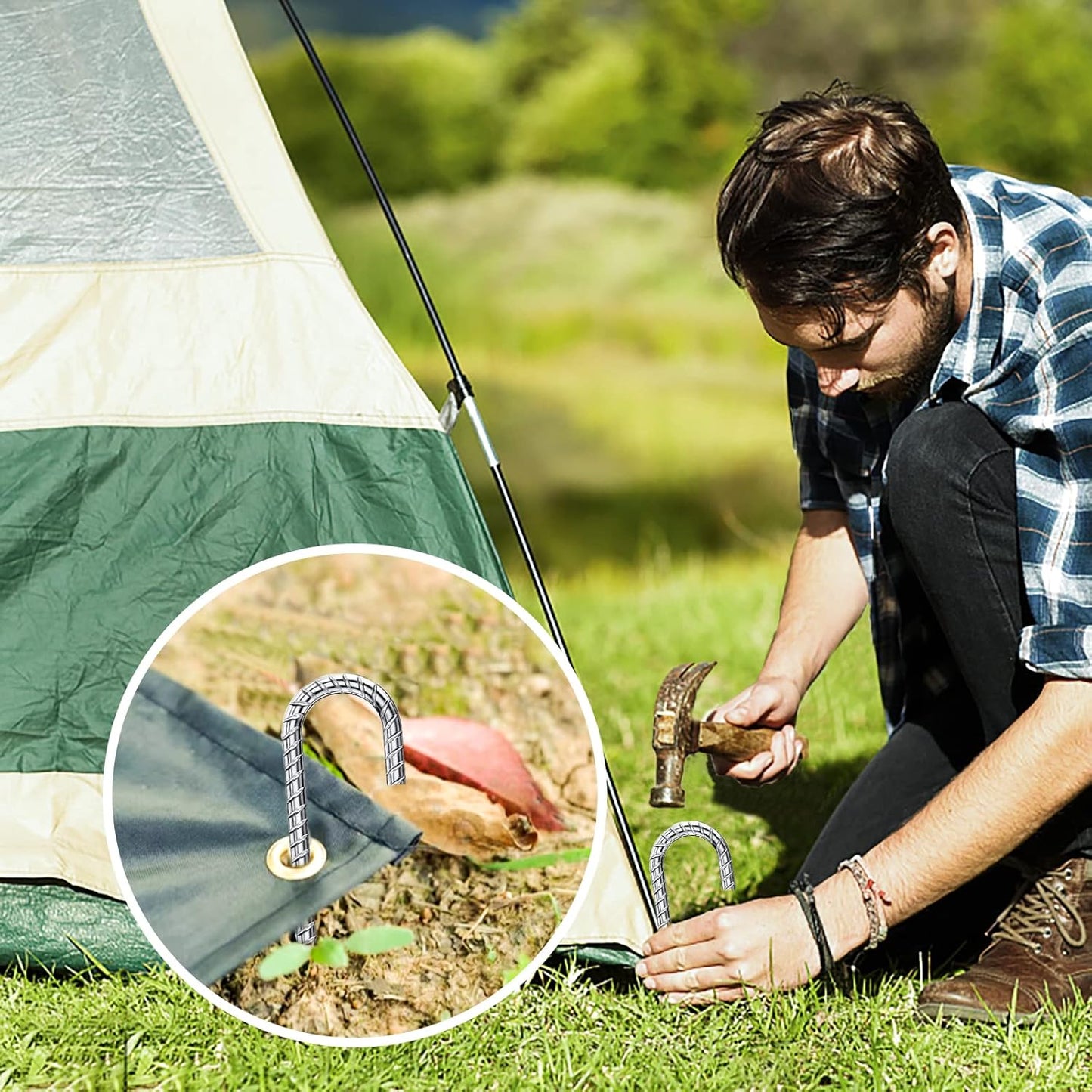 Rebar Stakes 12 Inch, Tent Stakes Heavy Duty Galvanized J Shaped 50 Pack Landscape Fabric Staples for Garden Weed Barrier Fabric Dog Fence Inflatable Camping Tents Artificial Turf