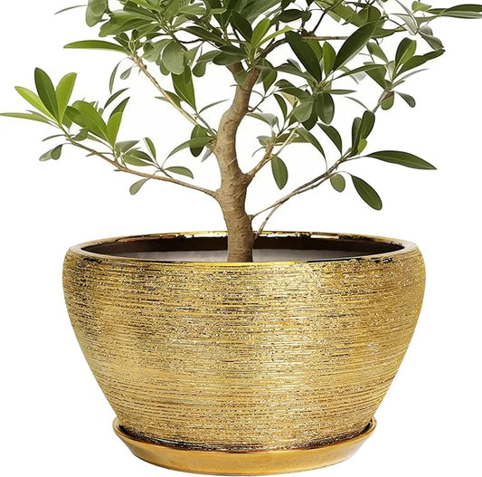 Ceramic Planter 13 Inch - Indoor Plant Pot with Drainage Hole and Saucer Large Ceramic Pot for Plants Mid-Century Decorative Modern Outdoor Flower Pot for Home Decor Gold