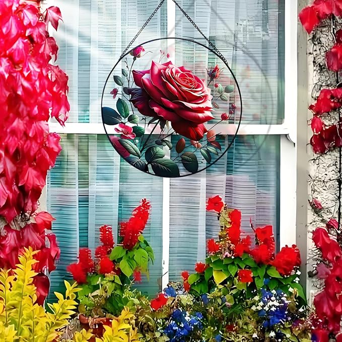 RIVEENY Red Rose Stained Glass Window Hanging,8" Valentines Day Rose Gifts for Wife Girlfriend,Birthday Gift for Women, for Mom Grandma Aunt Sister