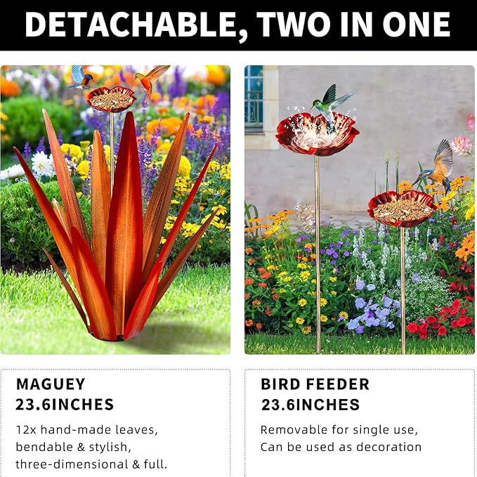 Large Tequila Rustic Sculpture, Rustic Metal Agave Plants for Outdoor Patio Yard, Home Decor Hand Painted Metal Agave Garden Yard Statue, Outdoor Lawn Ornaments (Red - L (W/Bird Feeder))