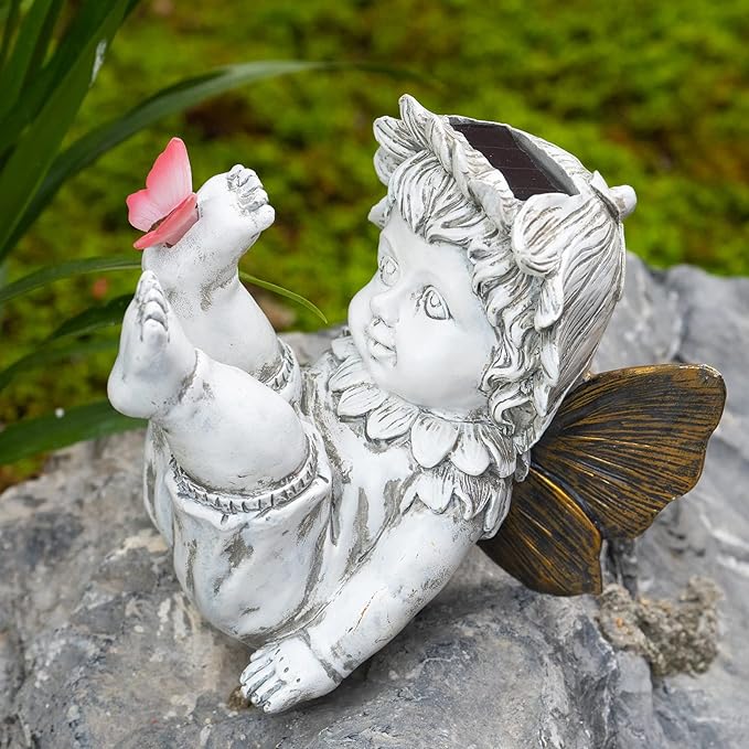 Garden Fairy Outdoor Solar Decor, Resin Ornaments for Patio Lawn Yard Porch, Playful Garden Flower Fairy Statues for Outside Angel Gifts, 7.91 Inches Tall