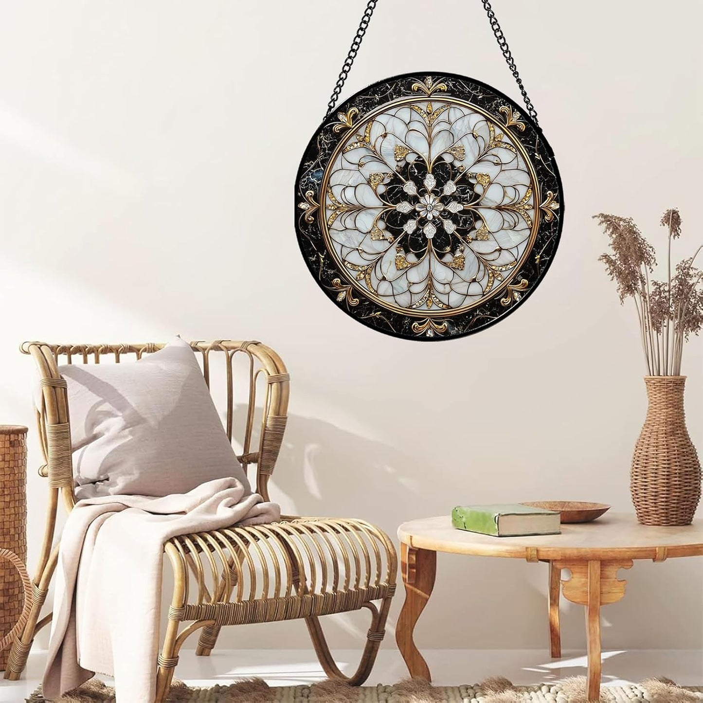 Stained Glass Window Hanging, Black and White Gold Boho Pattern Suncatcher for Doors Window Home Abstract Flower Sun Catchers Decor Mother's Day Birthday Gifts for Women, Men Mom 11.8 in