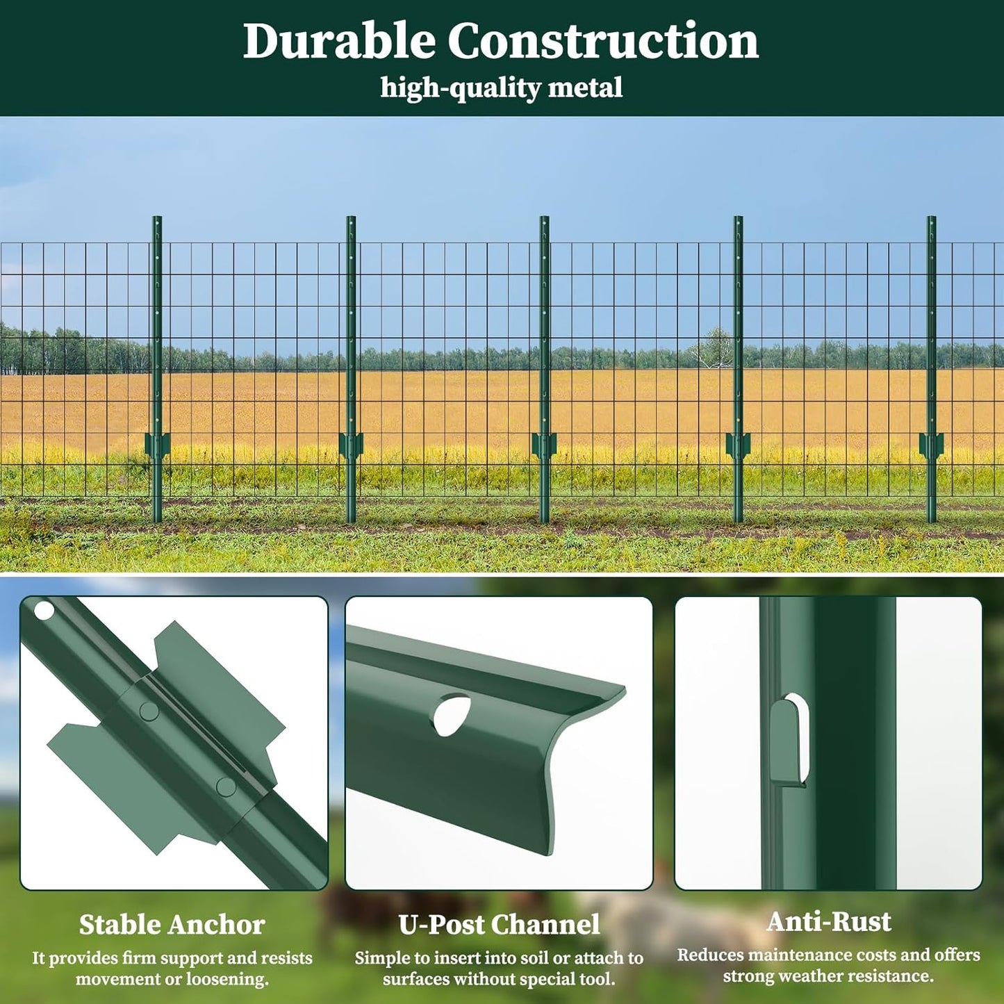 20 Pack Garden Fence Post, 3 Feet Heavy Duty Metal U-Post for Wire Fence, No Dig Garden Fence Stakes for Temporary Fencing, Electric Fence Wire, Corner Anchor, and More-Green