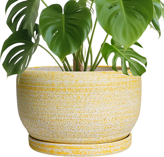 SQOWL Ceramic Planters for Indoor Plants - 10 Inch Plant Pot with Drainage Hole and Saucer, Round Ceramic Flower Pot Outdoor, Decorative Large Planter, Office Decor, Gifts for Women Men, Yellow