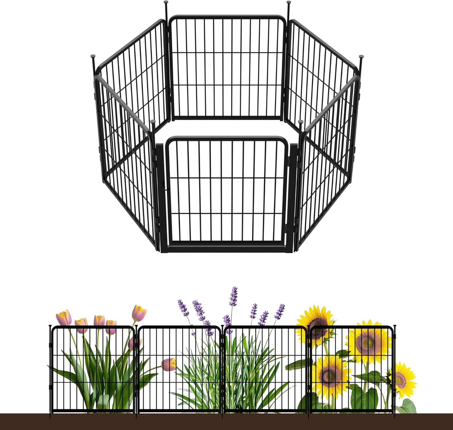 Decorative Garden Fence with Gate 24 in(H) x 11.1 ft(L) 6 Panels, Heavy Duty Metal Animal Barrier Fence for Yard, Flower Bed Fencing, Garden Border Fence, Easy Set Up, Black