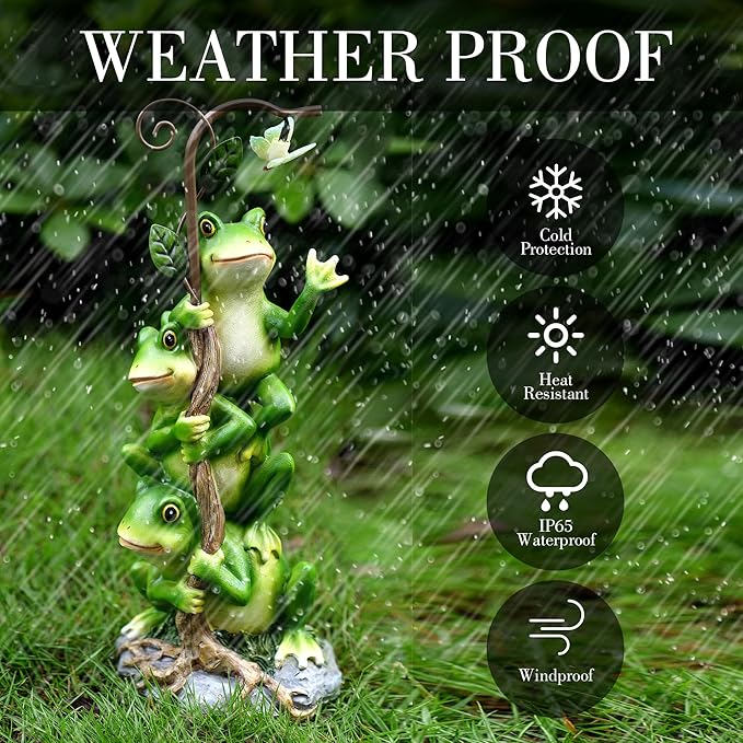 Frog Figurine Garden Decor, Solar Resin Frogs Outdoor Statue, Funny Frog Gift Sculpture Decoration for Home Patio Yard Lawn Porch Ornament