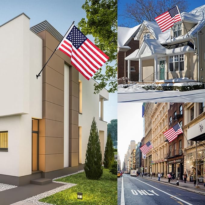 Quarut House Flag Pole Kit,Including 6Ft Stainless Steel Flag Pole,Heavy Duty Nylon 3x5 Ft American Flag,Aluminum Alloy Rings and Bracket.Wall Mounted Flagpole Set for Residential Commercial（Black)