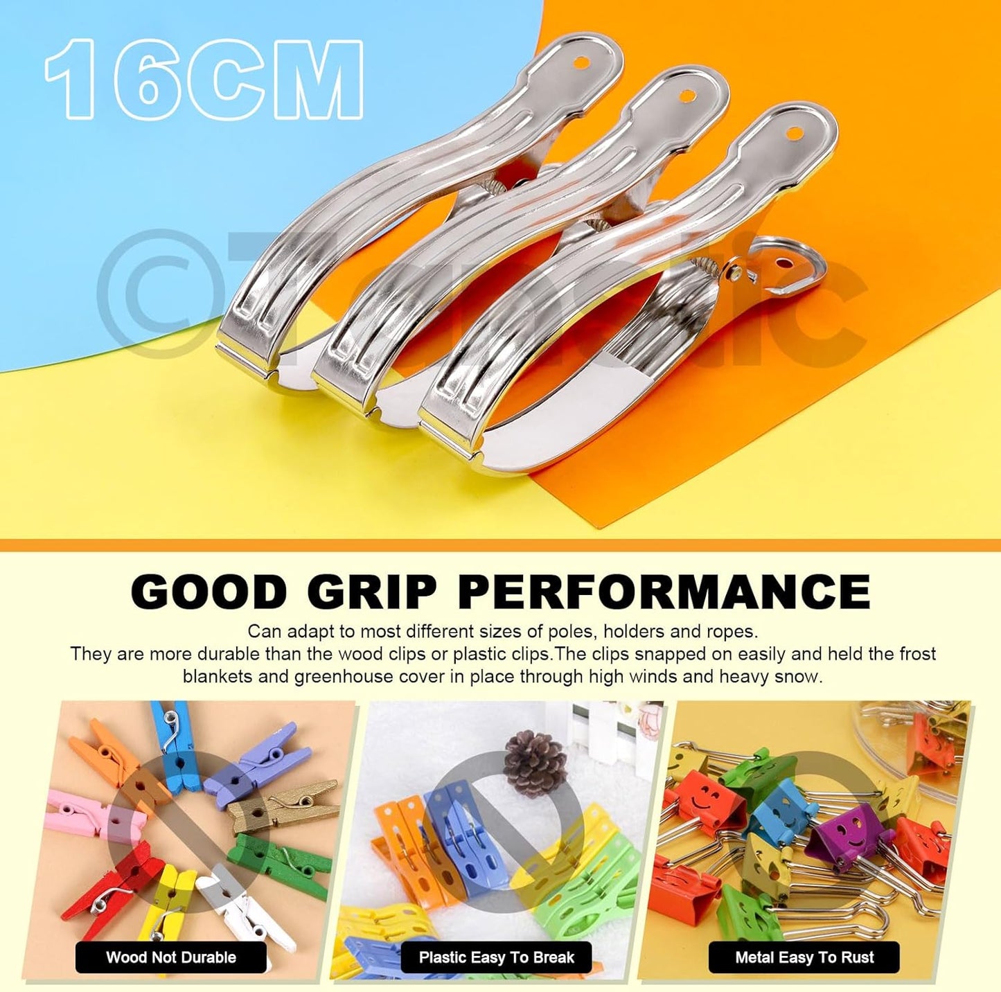 Tanstic 10pcs 6.3 Inch Stainless Steel Greenhouse Clamps Heavy Duty Garden Clips with Strong Grip and Large Open Mouth for Netting Holding