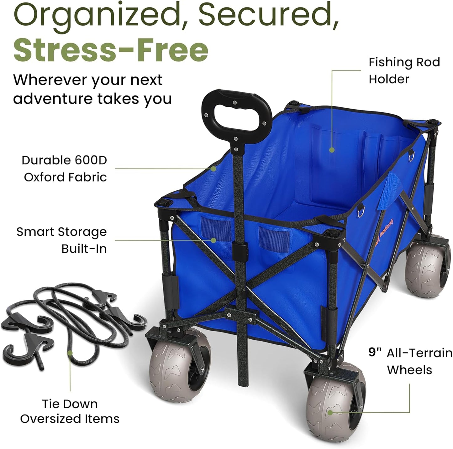 Beach Wagon with 9" Balloon Wheels & Fishing Rod Holders – Foldable Cart for Sand with Inflatable Tires, Bonus Pump & Spare – Heavy Duty Utility Wagon - Blue/Blue