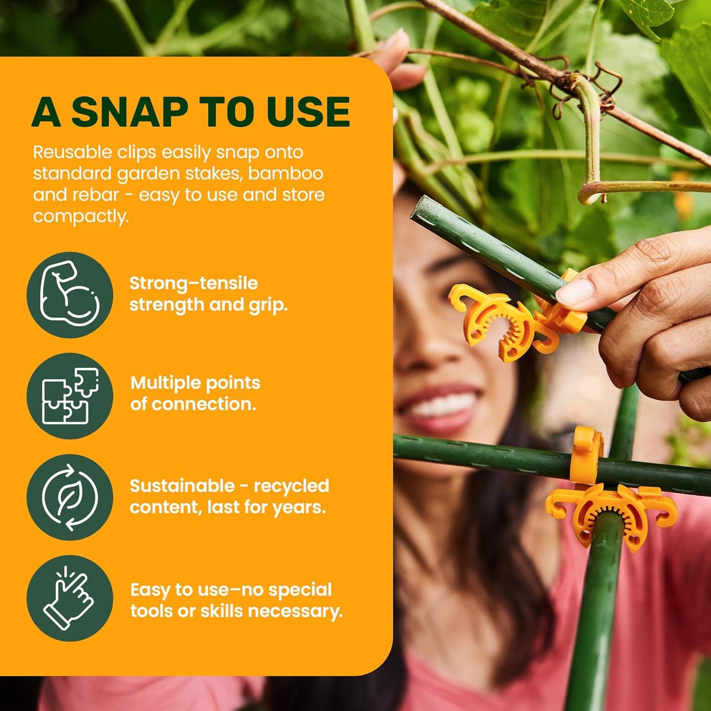 Plant Support Clips for Trellis, Garden Stakes, Wire Fence, Climbing Plants, Indoor Gardening, Hydroponics Systems, and Vines | Durable Gardening Clips (Tangerine Orange - 1,000 Pack)