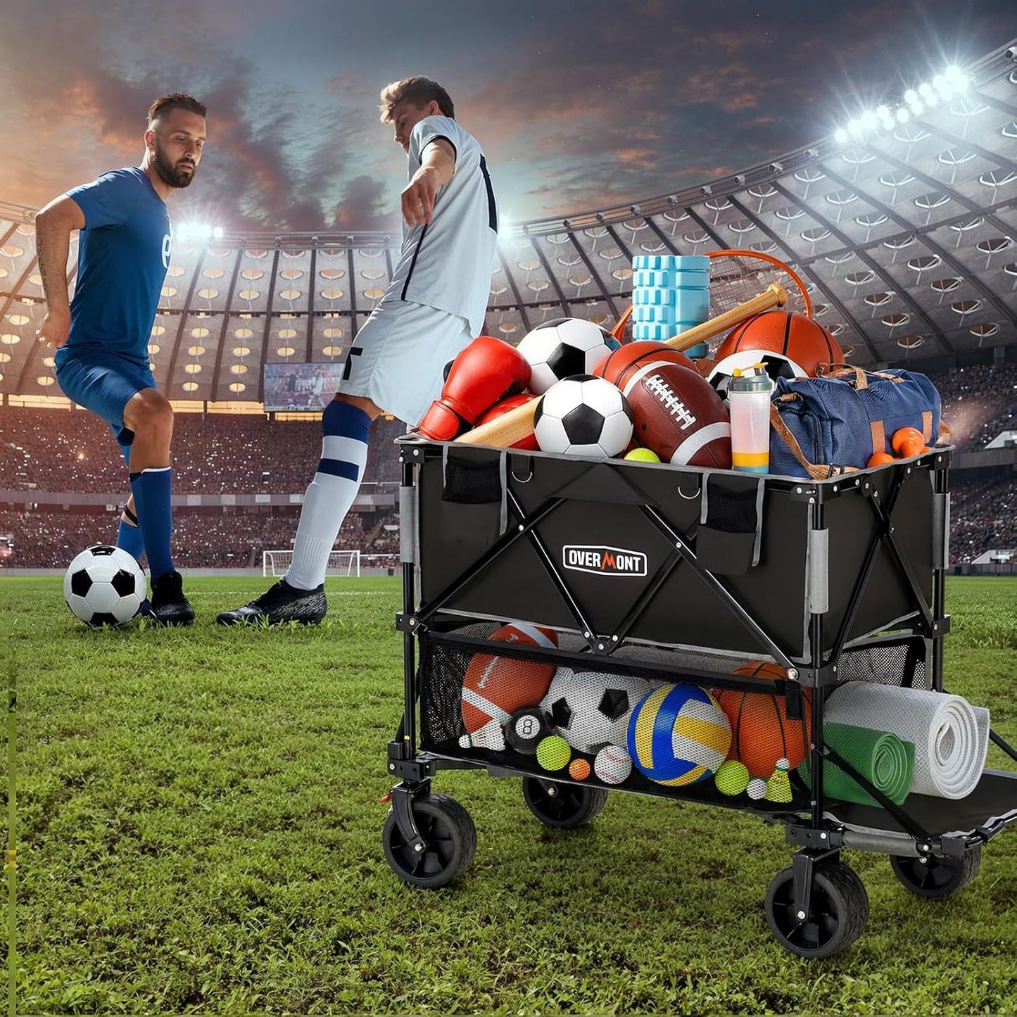 Overmont 400L Foldable Double Decker Wagon - Large Capacity Collapsible Wagon Cart- 47" Extra Long Extender - All-Terrain Big Wheels for Camping, Football Game, Sports Events, Support Up to 450lbs