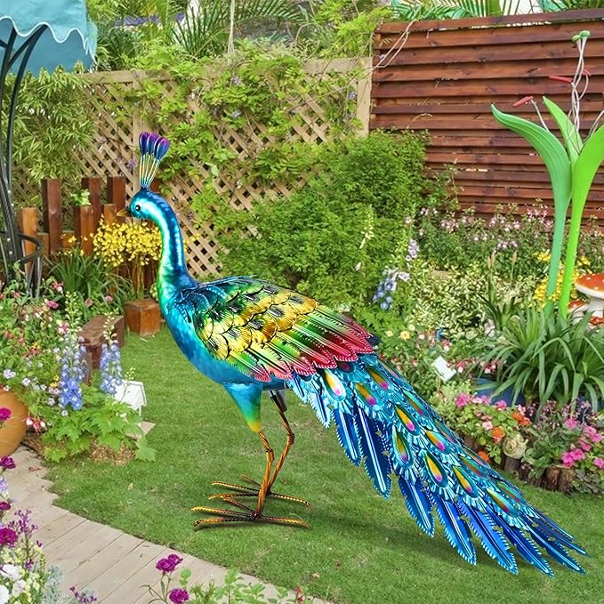 chisheen Peacock Statue Garden Decor Metal Peacock Yard Art Lawn Decoration Outdoor Sculpture for Women Mom