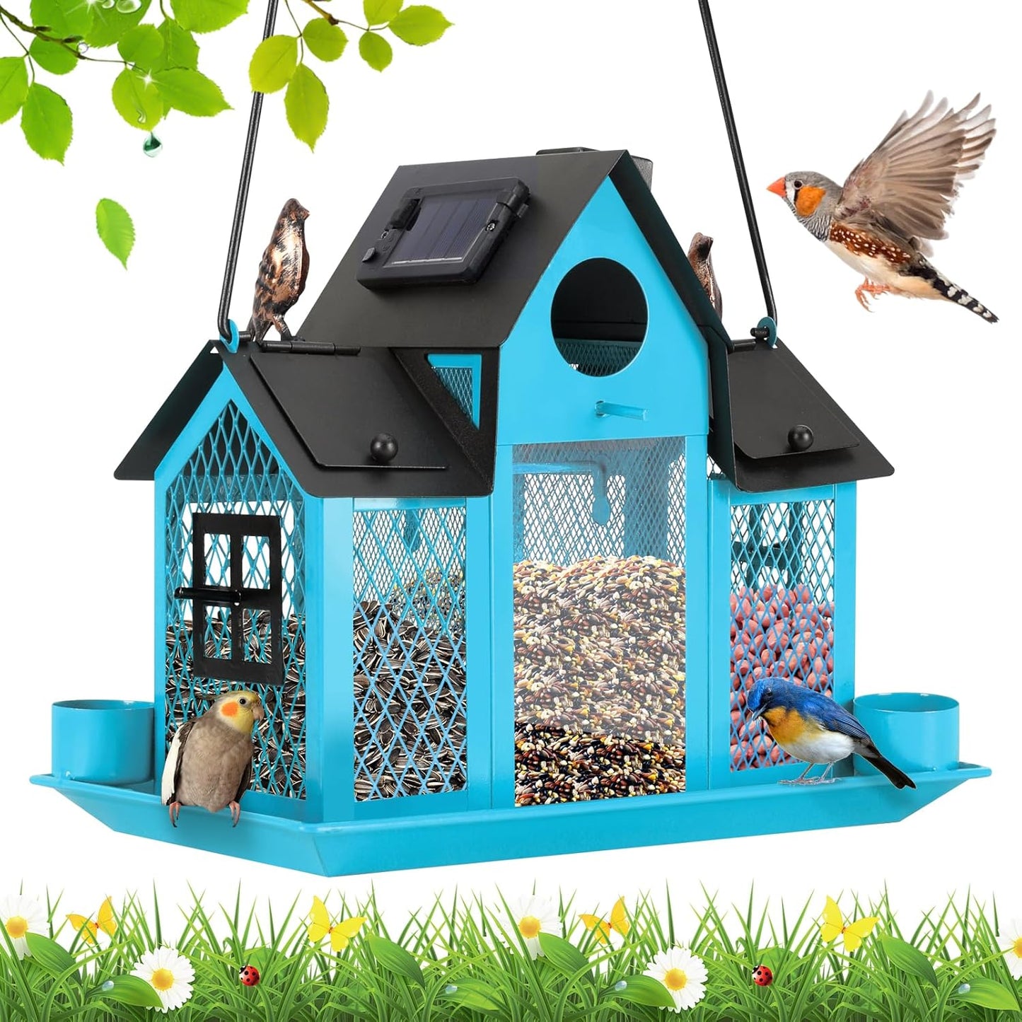 Solar Bird Feeders House for Outside Hanging, Metal Wild Bird Feeder for Outdoors, Large Cardinal Bird Feeder Birdhouses Squirrel Proof (Blue)