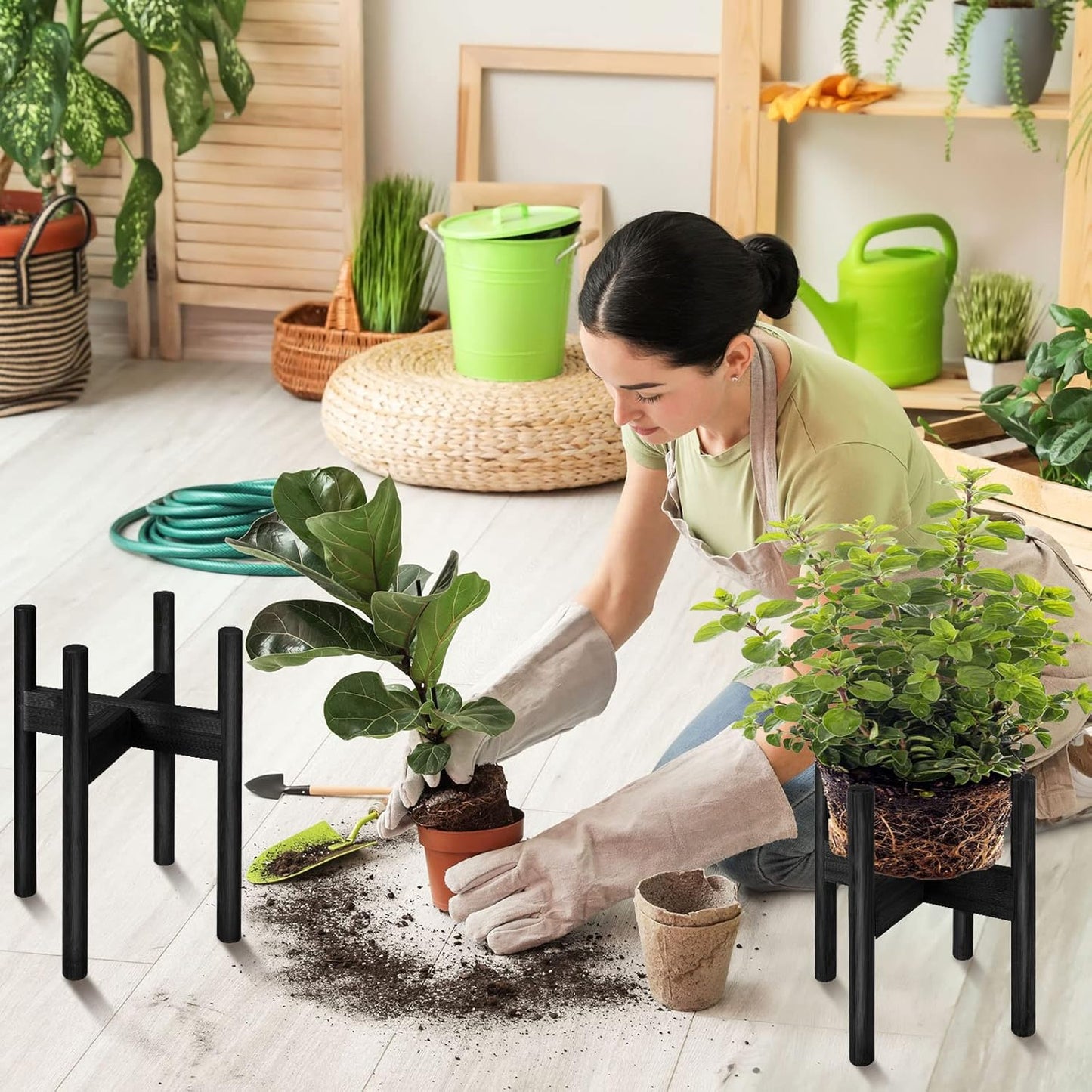 FJO 2Pcs Adjustable Plant Stand Indoor - Bamboo Plant Stands, Bamboo Mid Century Modern Plants Stands, Plant Holder for Living Room Fits 8 to 12 Inches Pots(Pot & Plant Not Included) (Black)