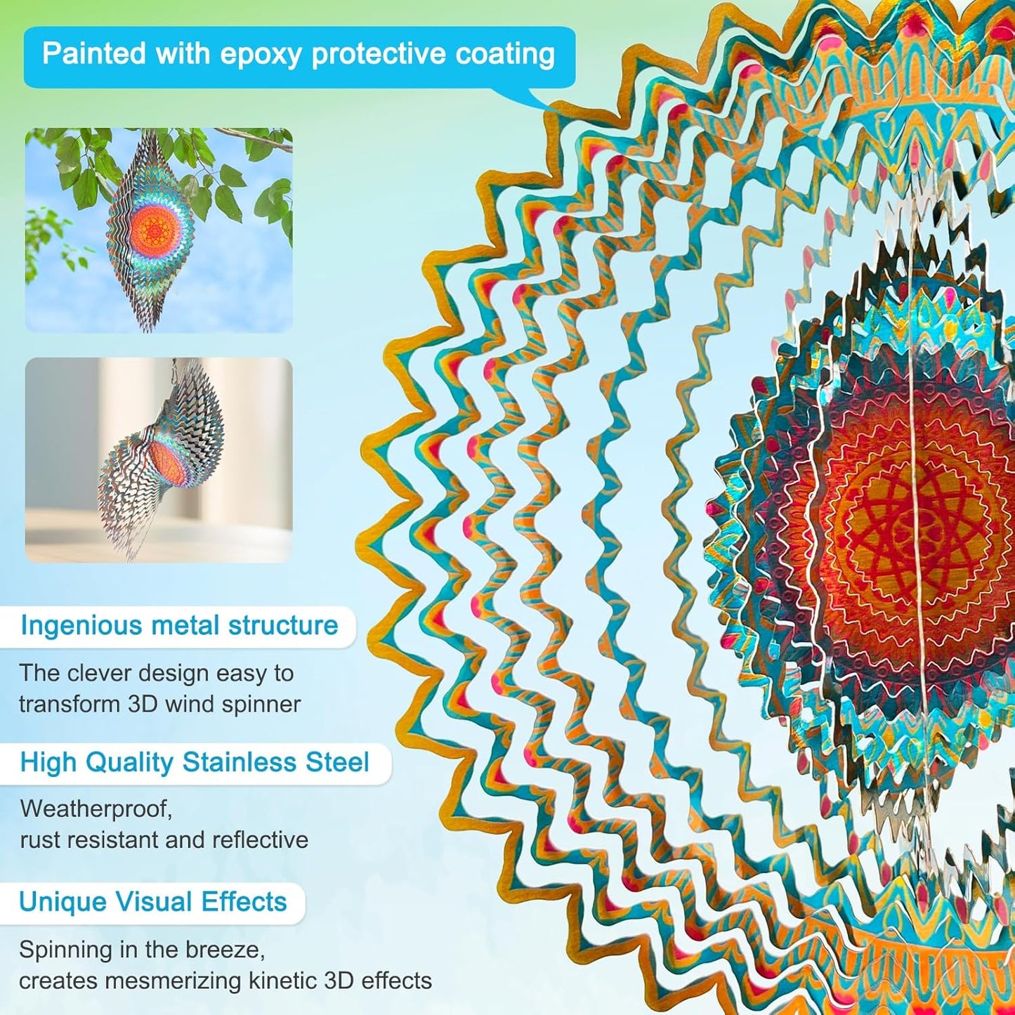 Goolyrusim Wind Spinner Mandala Circle - 3D Wind Spinners Outdoor, 12-inch Stainless Steel Hanging Wind Sculptures for Yard and Garden, Kinetic Art Decoration Porch Decor Patio Ornament, Mandala Gift