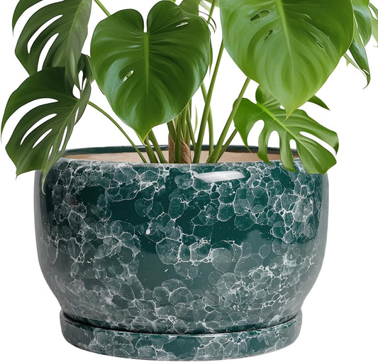 SQOWL 10 Inch Plant Pot - Ceramic Planter for Indoor Plants Outdoor, Large Ceramic Flower Pot with Drainage Hole and Saucer, Decorative Round Planter, Living Room Decor, Gifts for Women Men, Green